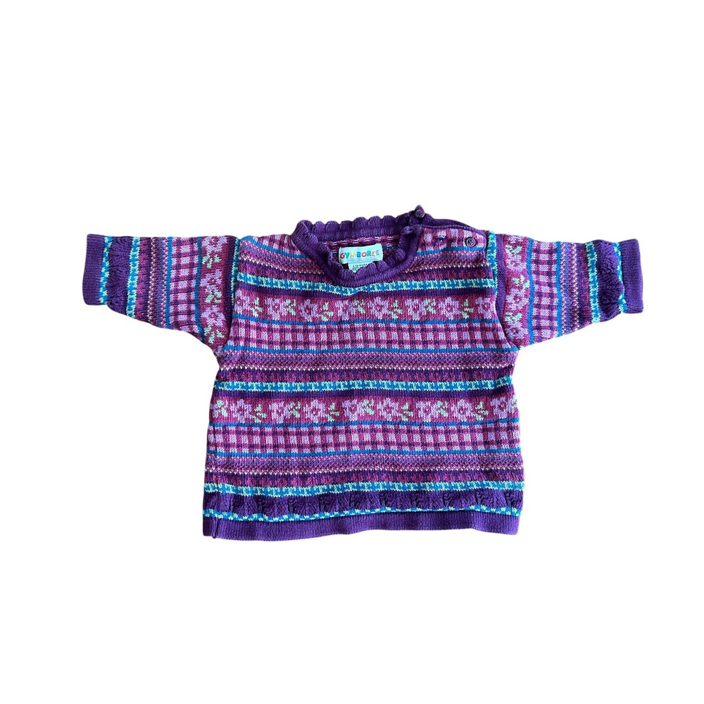 Vintage Gymboree 1998 Purple Floral Plaid Fair Isle Cotton Sweater Infant 6-12M